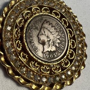 Authentic 1905 Indian Head Penny Charm w/ Rhinestones 29” Gold Plated Chain